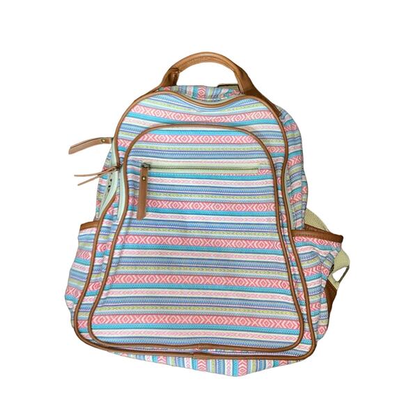 Madden Girl Boho Indie Striped Tribal Print Backpack Pink vegan leather trim - Picture 1 of 9